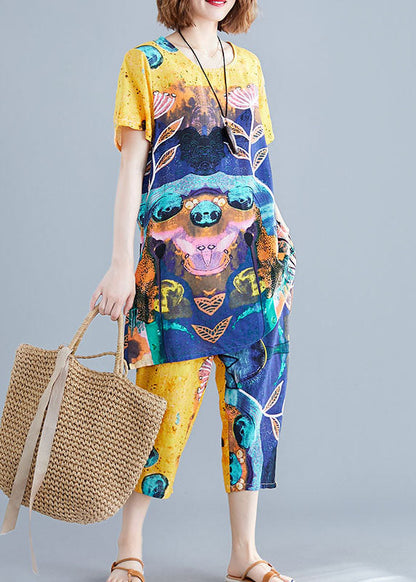 Yellow Cotton Tops and Pants Set Outfits O-neck Summer
