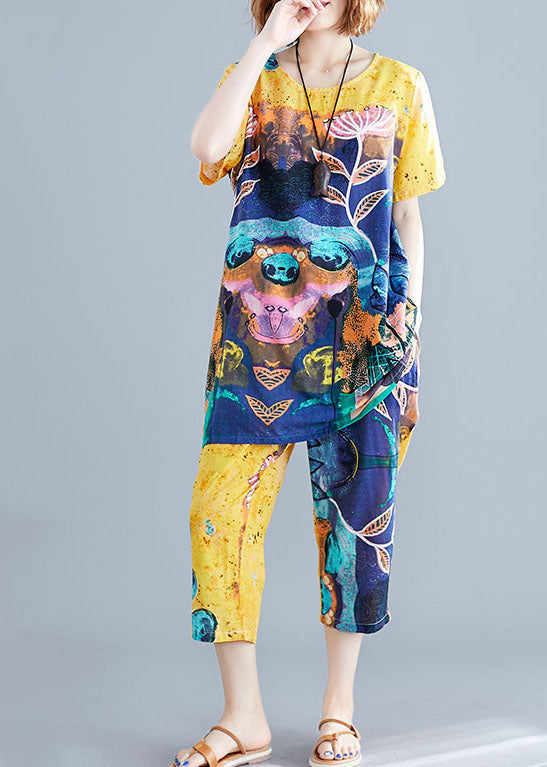 Yellow Cotton Tops and Pants Set Outfits O-neck Summer