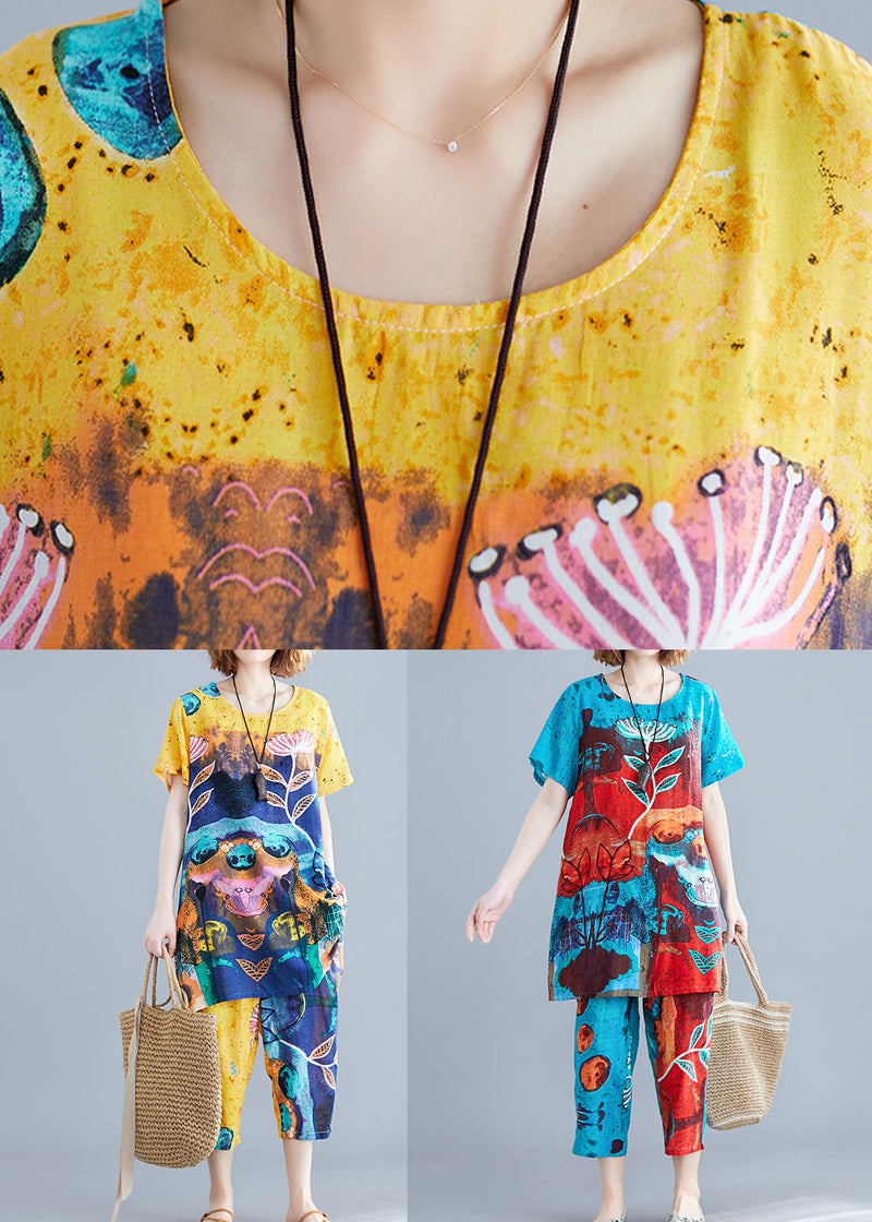 Yellow Cotton Tops and Pants Set Outfits O-neck Summer