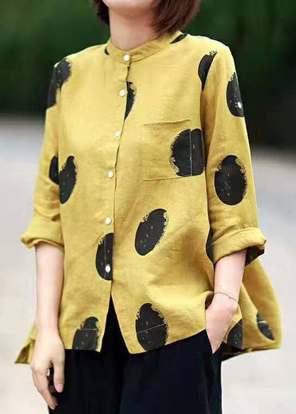 Orange Cashews Patchwork Linen Top Button Stand Collar Summer