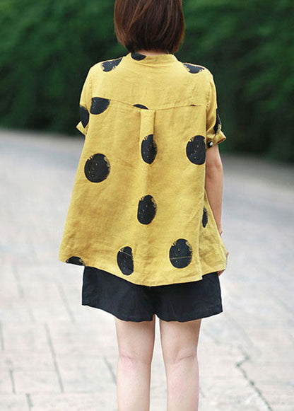 Orange Cashews Patchwork Linen Top Button Stand Collar Summer