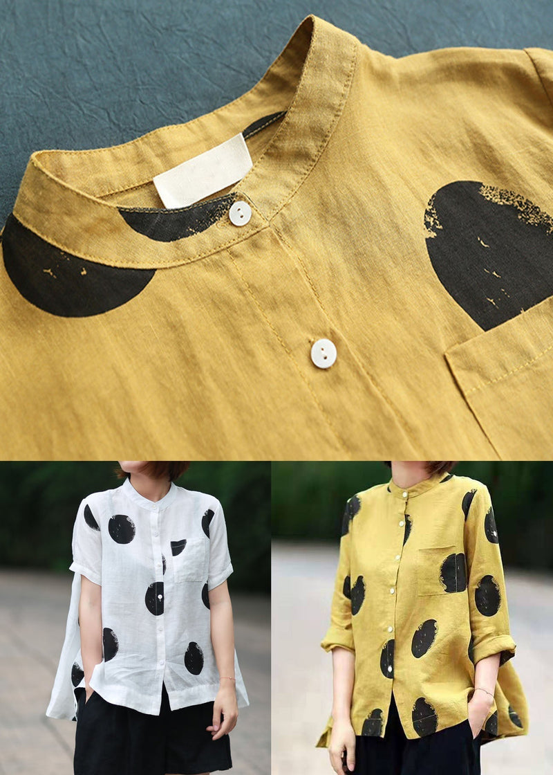 Orange Cashews Patchwork Linen Top Button Stand Collar Summer