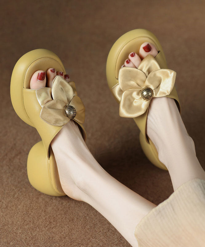 Yellow Faux Leather Bow Splicing Chunky Slide Sandals