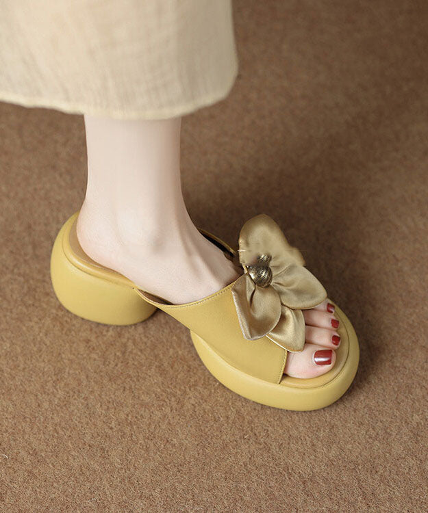 Yellow Faux Leather Bow Splicing Chunky Slide Sandals
