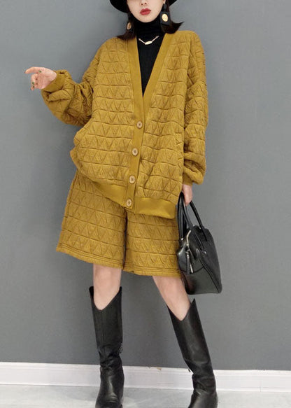 Yellow Fine Cotton Filled Loose Two Pieces Set Button Winter