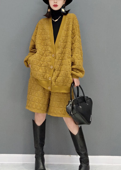 Yellow Fine Cotton Filled Loose Two Pieces Set Button Winter