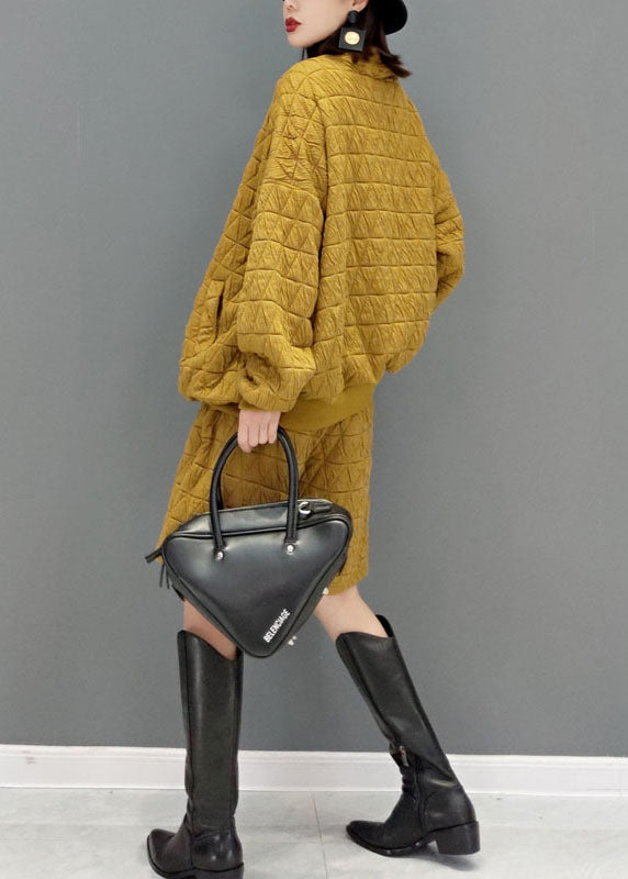Yellow Fine Cotton Filled Loose Two Pieces Set Button Winter
