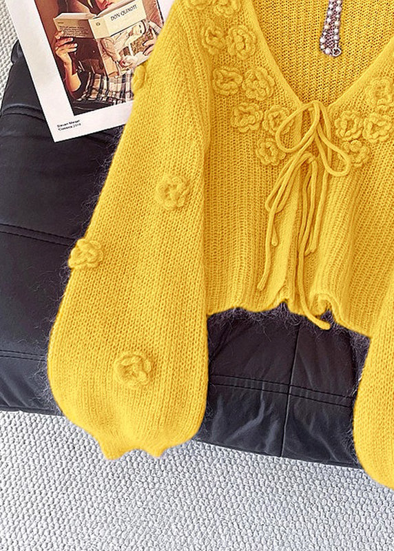 Yellow Lace Up Knit Cardigan V Neck Fall