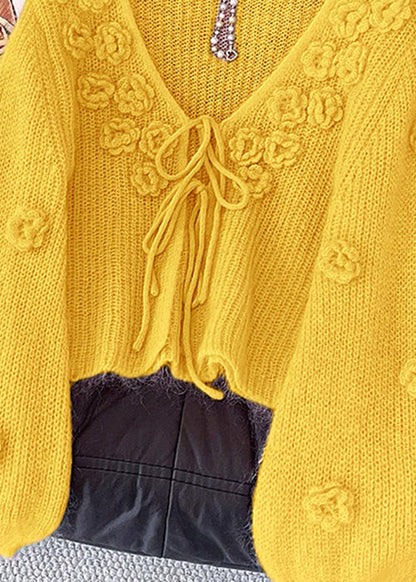 Yellow Lace Up Knit Cardigan V Neck Fall