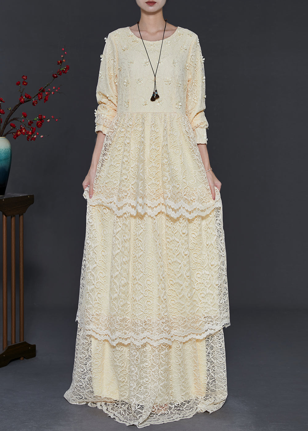 Yellow Layered Lace Party Dress Nail Bead Spring