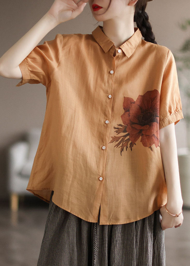 Yellow Print Linen Shirt Tops Patchwork Short Sleeve