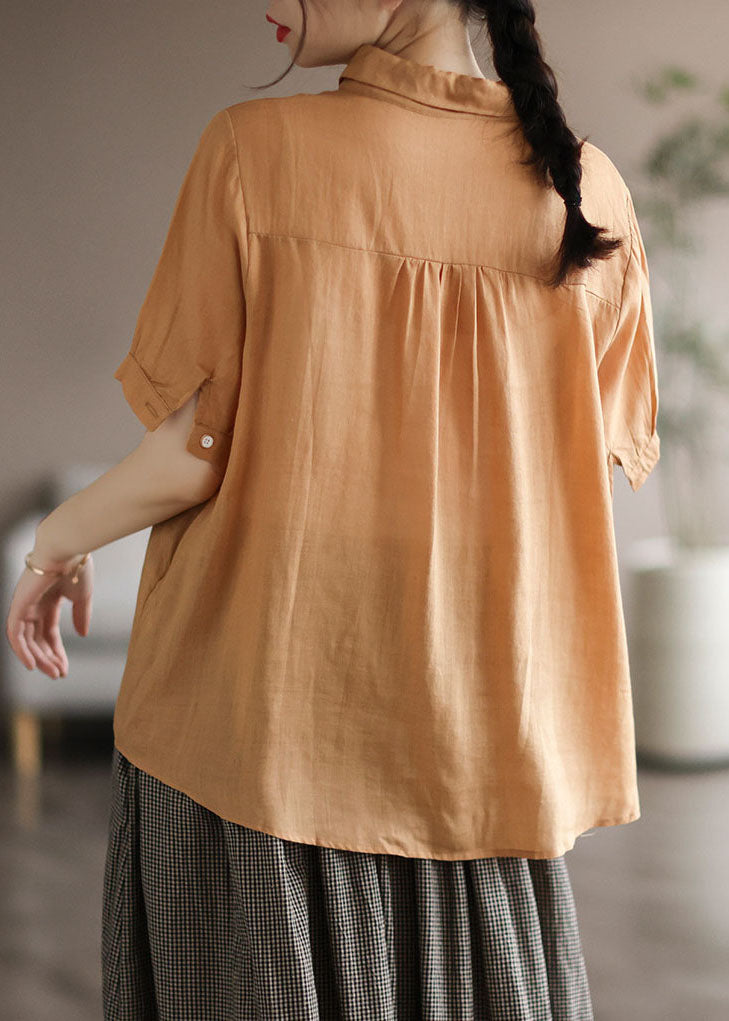 Yellow Print Linen Shirt Tops Patchwork Short Sleeve