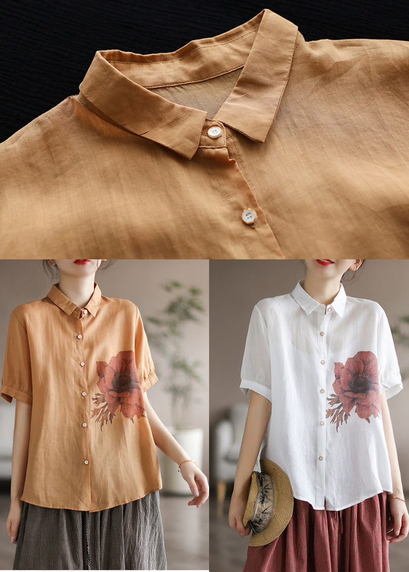 Yellow Print Linen Shirt Tops Patchwork Short Sleeve
