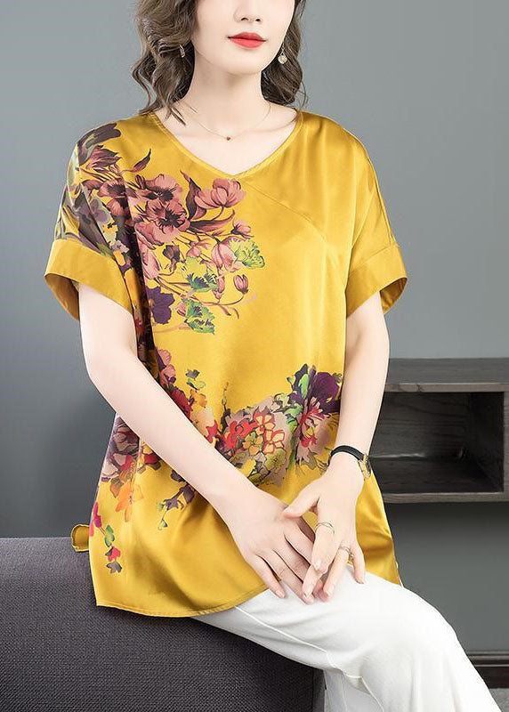 Yellow Print Chiffon Tanks V Neck Short Sleeve