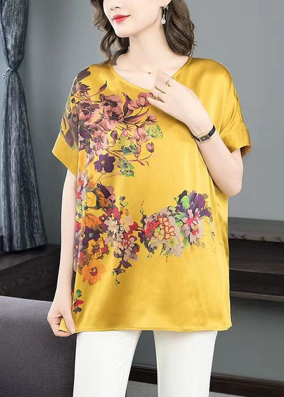 Yellow Print Chiffon Tanks V Neck Short Sleeve