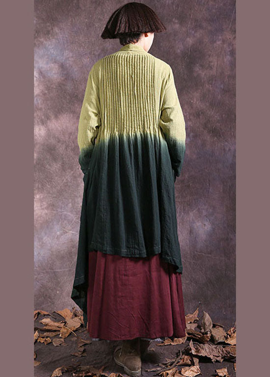 Yellow Green Pockets Gradient Color Cotton Cardigan Spring