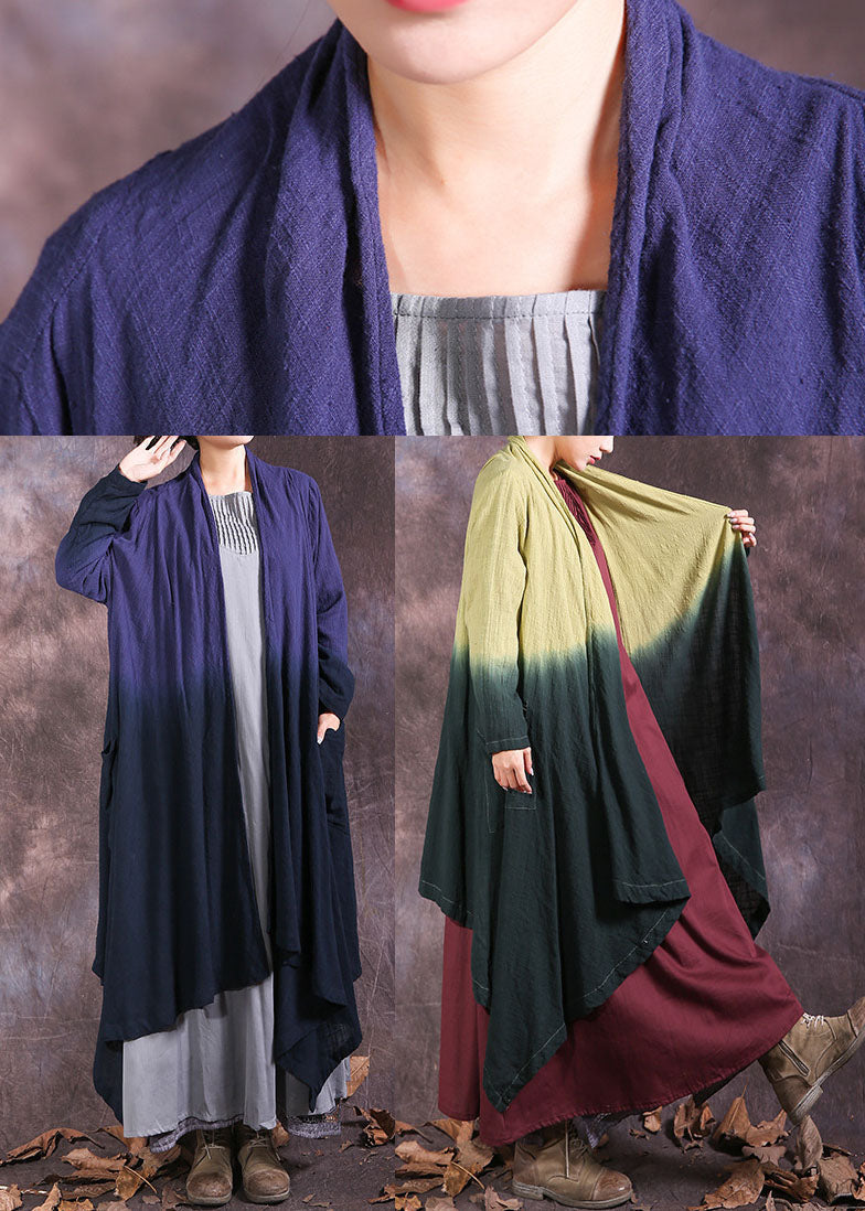 Yellow Green Pockets Gradient Color Cotton Cardigan Spring