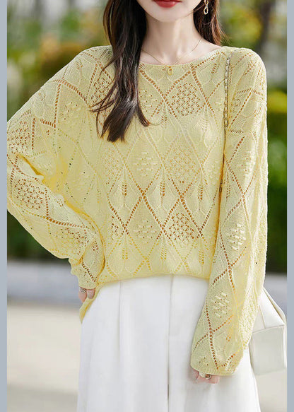 Yellow Hollow Out Knit Sweater O Neck Long Sleeve