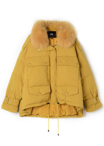 Yellow Hooded Fur Collar Drawstring Duck Down Puffers Jackets Winter