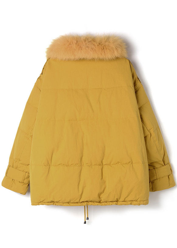 Yellow Hooded Fur Collar Drawstring Duck Down Puffers Jackets Winter