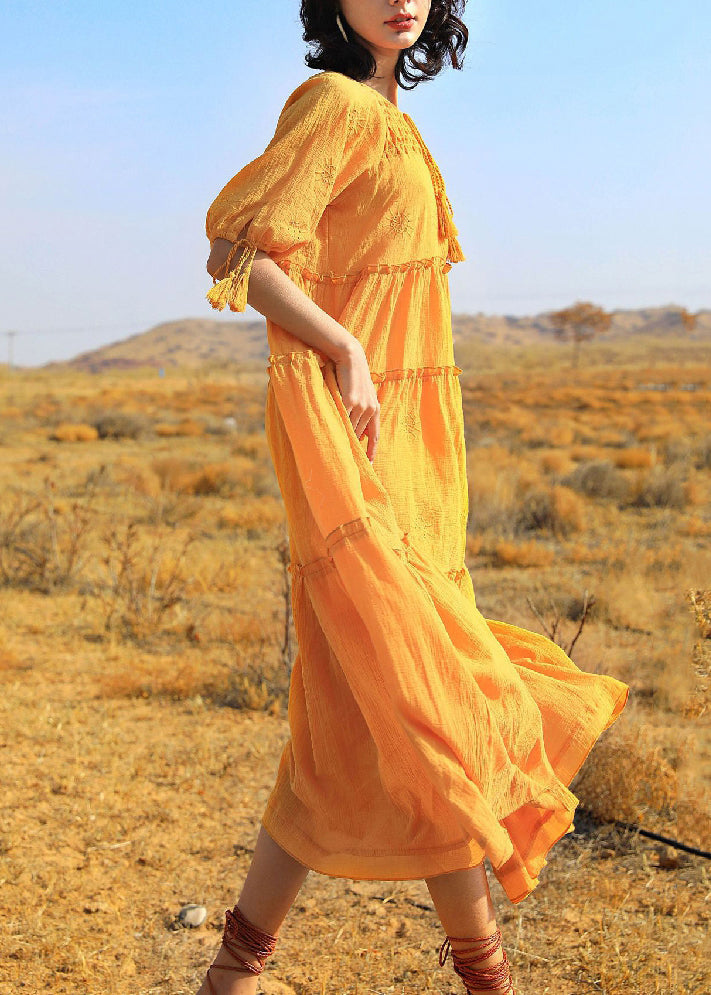 Yellow Lace Up Cotton Summer Long Dress Ruffled