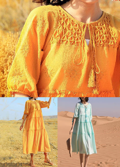 Yellow Lace Up Cotton Summer Long Dress Ruffled