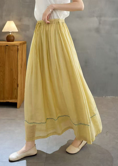 Yellow Linen Holiday Skirt Embroidered Exra Large Hem Summer