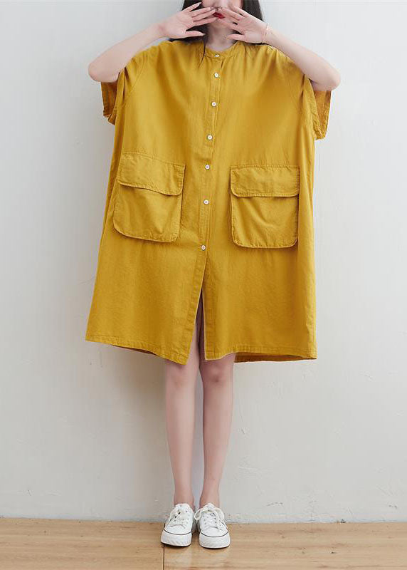 Yellow Linen Maxi Dresses O-neck Oversized Short Sleeve
