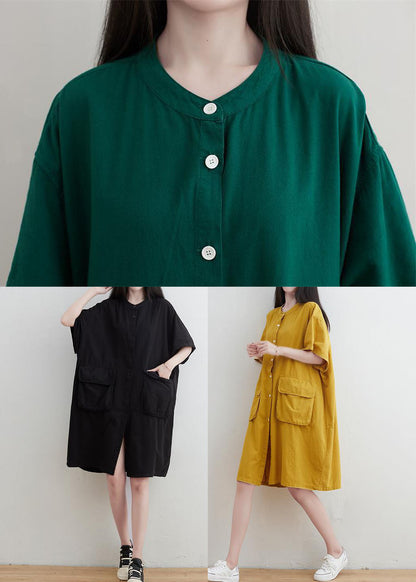 Yellow Linen Maxi Dresses O-neck Oversized Short Sleeve