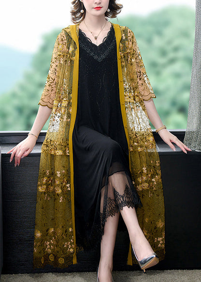 Yellow Loose Tulle Hooded Cardigan Embroidered Spring