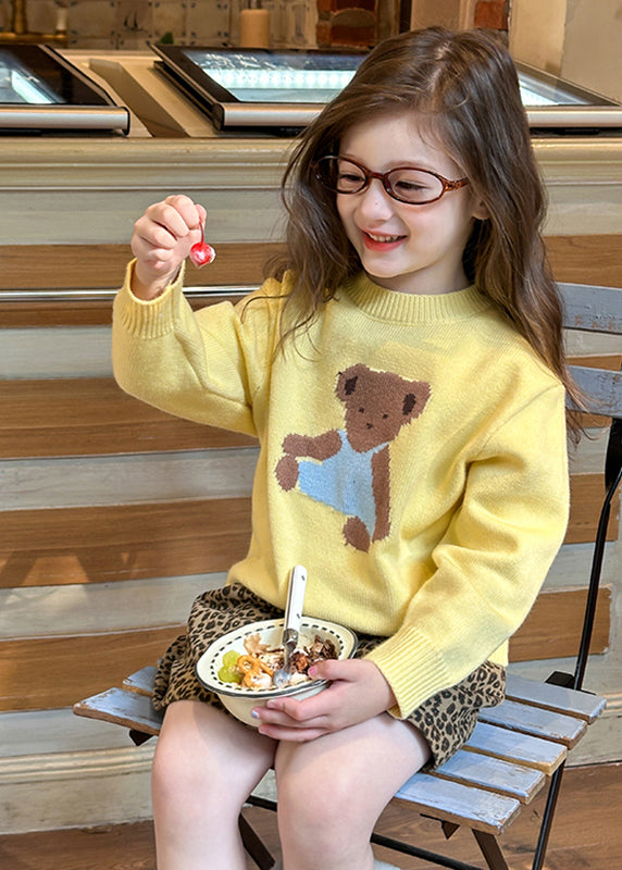 Yellow O-neck Patchwork Cotton Knit Kids Sweater Spring