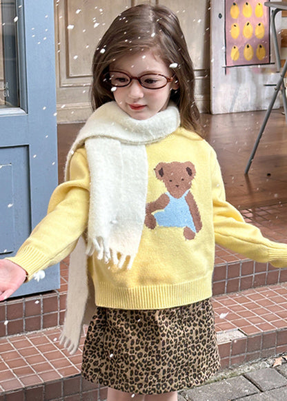 Yellow O-neck Patchwork Cotton Knit Kids Sweater Spring