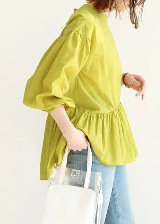 Yellow O-neck Patchwork Shirts Lantern Sleeve