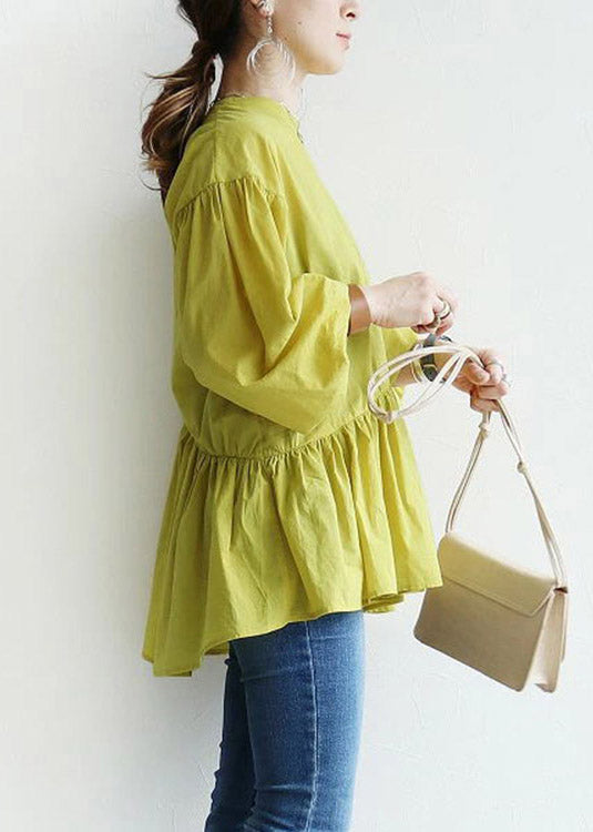 Yellow O-neck Patchwork Shirts Lantern Sleeve