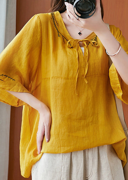 Yellow O-neck Patchwork Shirts Half Sleeve