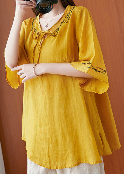 Yellow O-neck Patchwork Shirts Half Sleeve