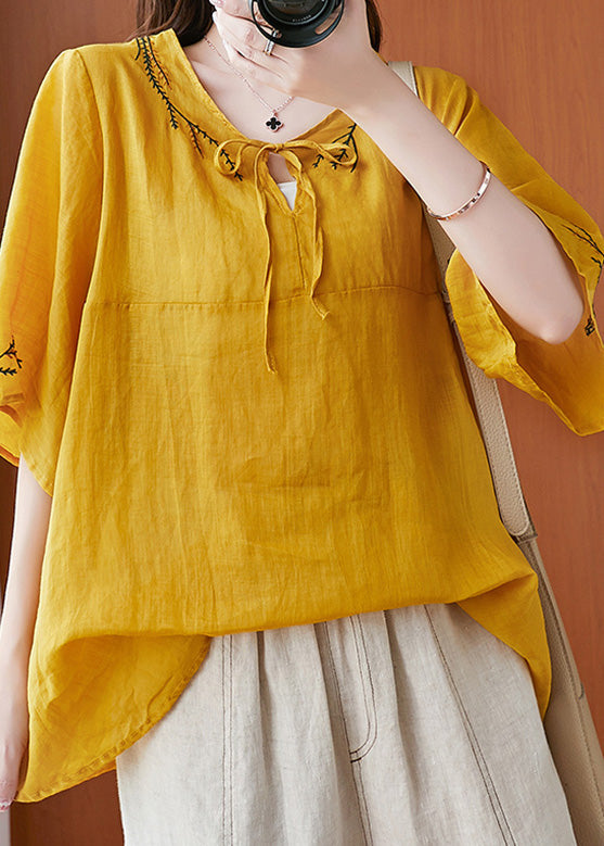 Yellow O-neck Patchwork Shirts Half Sleeve