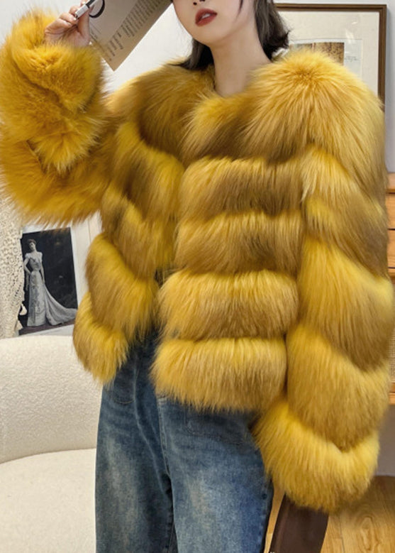 Yellow O-neck Zippered Leather and Fur Coat Winter
