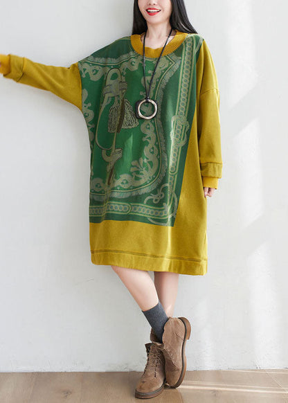 Yellow Patchwork Cotton Loose Sweatshirt Dress O-neck Print Spring