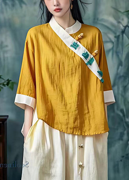 Yellow Patchwork Linen Shirt Tops Chinese Button Summer