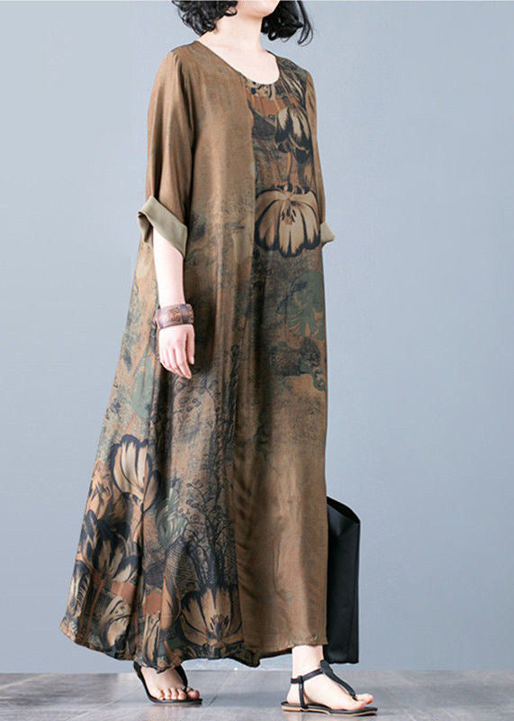 Yellow Patchwork Loose Silk Long Dresses Draping Three Quarter Sleeve