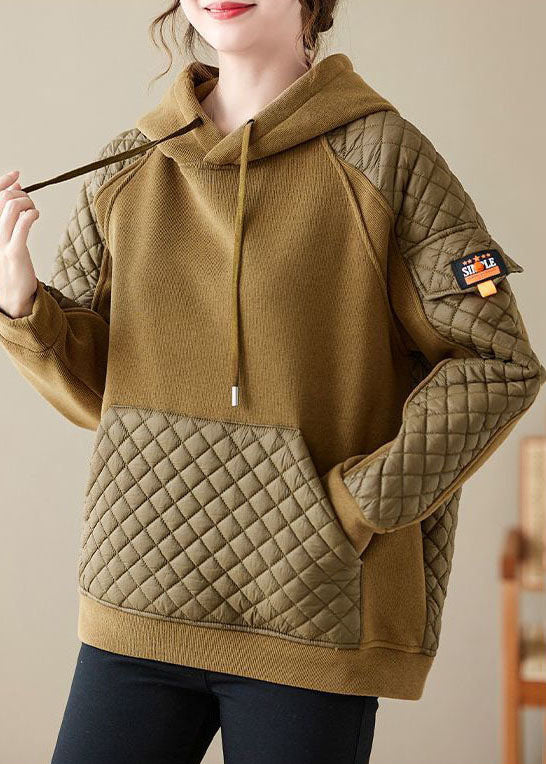 Yellow Patchwork Pockets Warm Fleece Sweatshirt Drawstring Winter