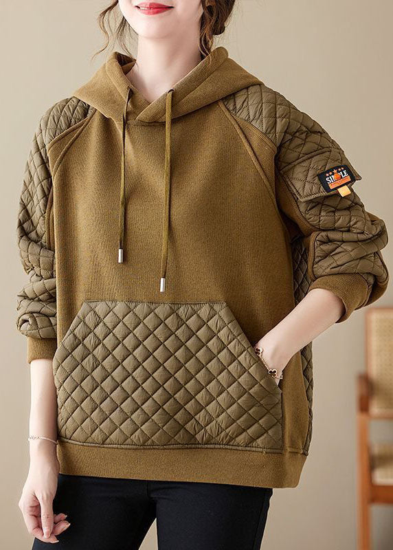 Yellow Patchwork Pockets Warm Fleece Sweatshirt Drawstring Winter