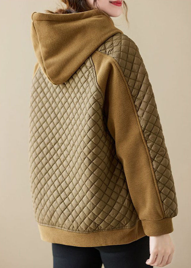 Yellow Patchwork Pockets Warm Fleece Sweatshirt Drawstring Winter