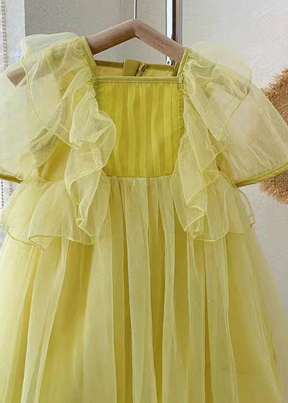Yellow Patchwork Tulle Baby Princess Dresses Wrinkled Summer