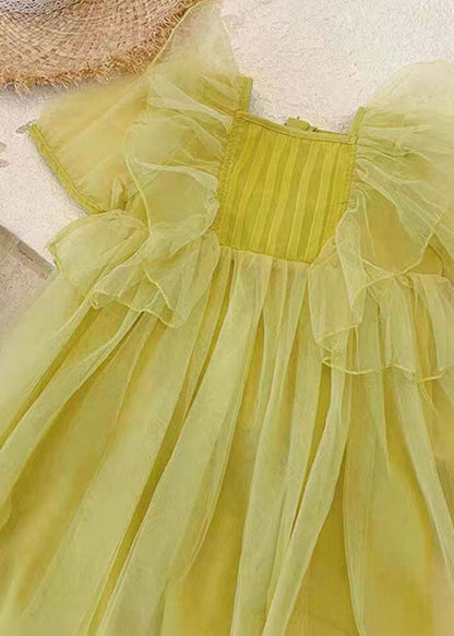 Yellow Patchwork Tulle Baby Princess Dresses Wrinkled Summer