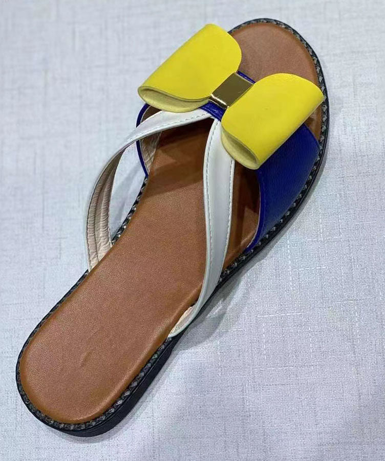 Yellow Peep Toe Faux Leather Splicing Bow Slide Sandals