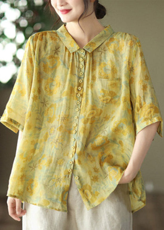 Yellow Peter Pan Collar Low High Design Linen Shirt Half Sleeve