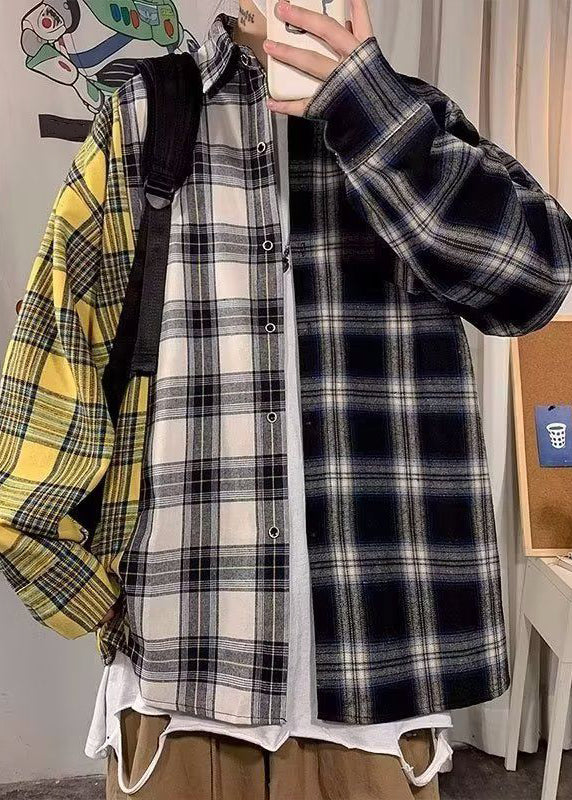 Yellow Plaid Pockets Patchwork Cotton Spring Mens Shirts Asymmetrical