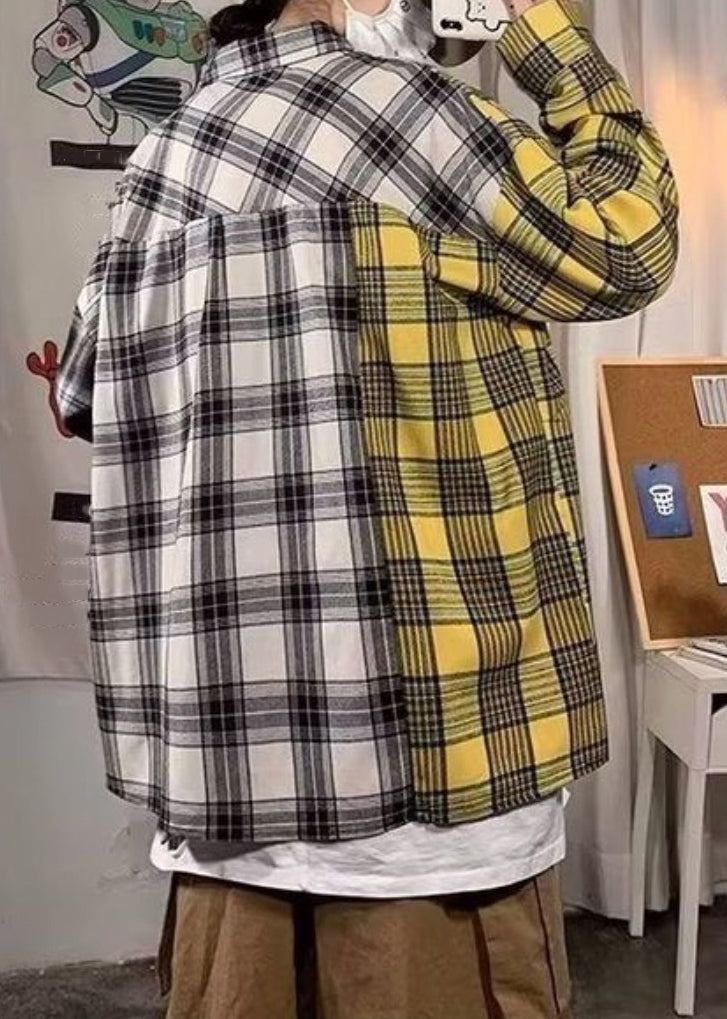 Yellow Plaid Pockets Patchwork Cotton Spring Shirts Asymmetrical